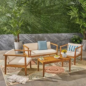 Outdoor 4-Seater Acacia Wood Chat Set with Coffee Table with Cushions, Teak and Beige Outdoor 4-Seater Acacia Wood Chat Set with Coffee Table with Cushions, Teak and Beige
